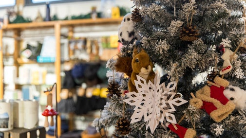 A Christmas tree decorated in a shop